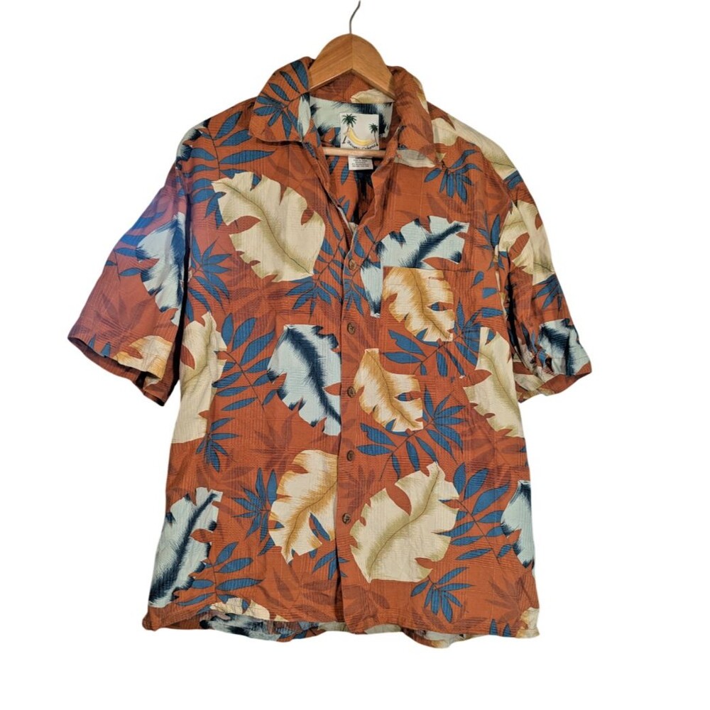 Banana Cabana Hawaiian Shirt Mens L Brown Blue Tropical Silk Camp Resort